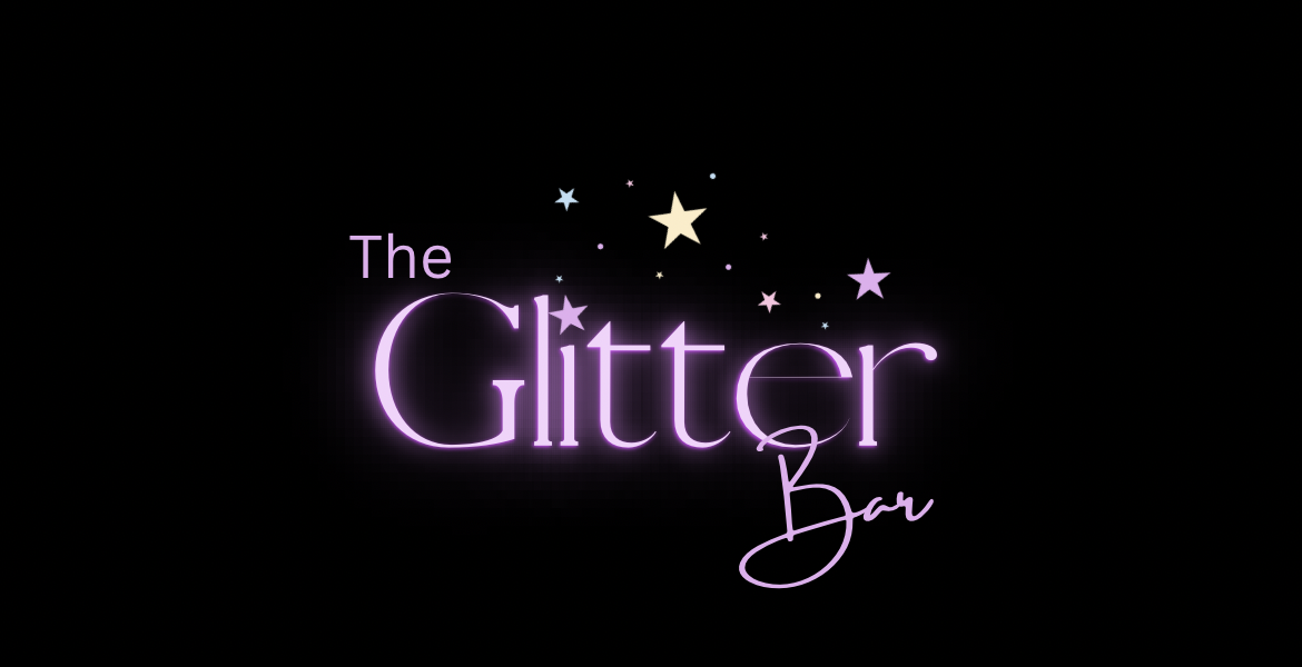 The Glitter Bar logo in glowing purple and white text with star accents on a solid black background.