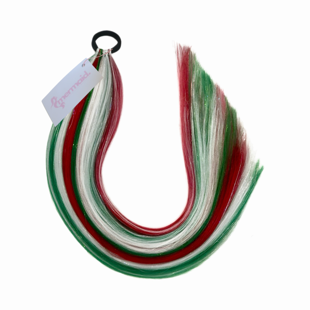 reusable mermaid hair Set of red, green, and white hair extensions with a black hair tie