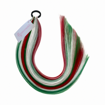 reusable mermaid hair Set of red, green, and white hair extensions with a black hair tie