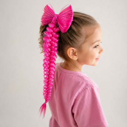 A young girl in a pink t-shirt shown from the side profile, featuring a bright pink braided ponytail hairstyle with a matching large pink bow accessory.